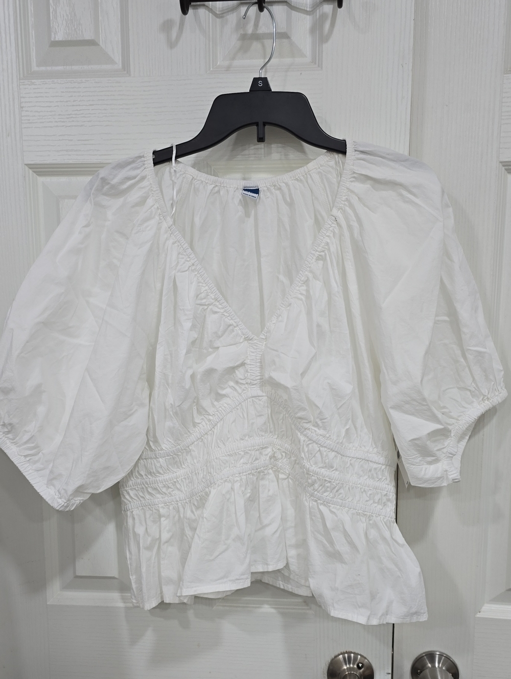 Old Navy White V-Neck Peasant Top with Smocked Waist